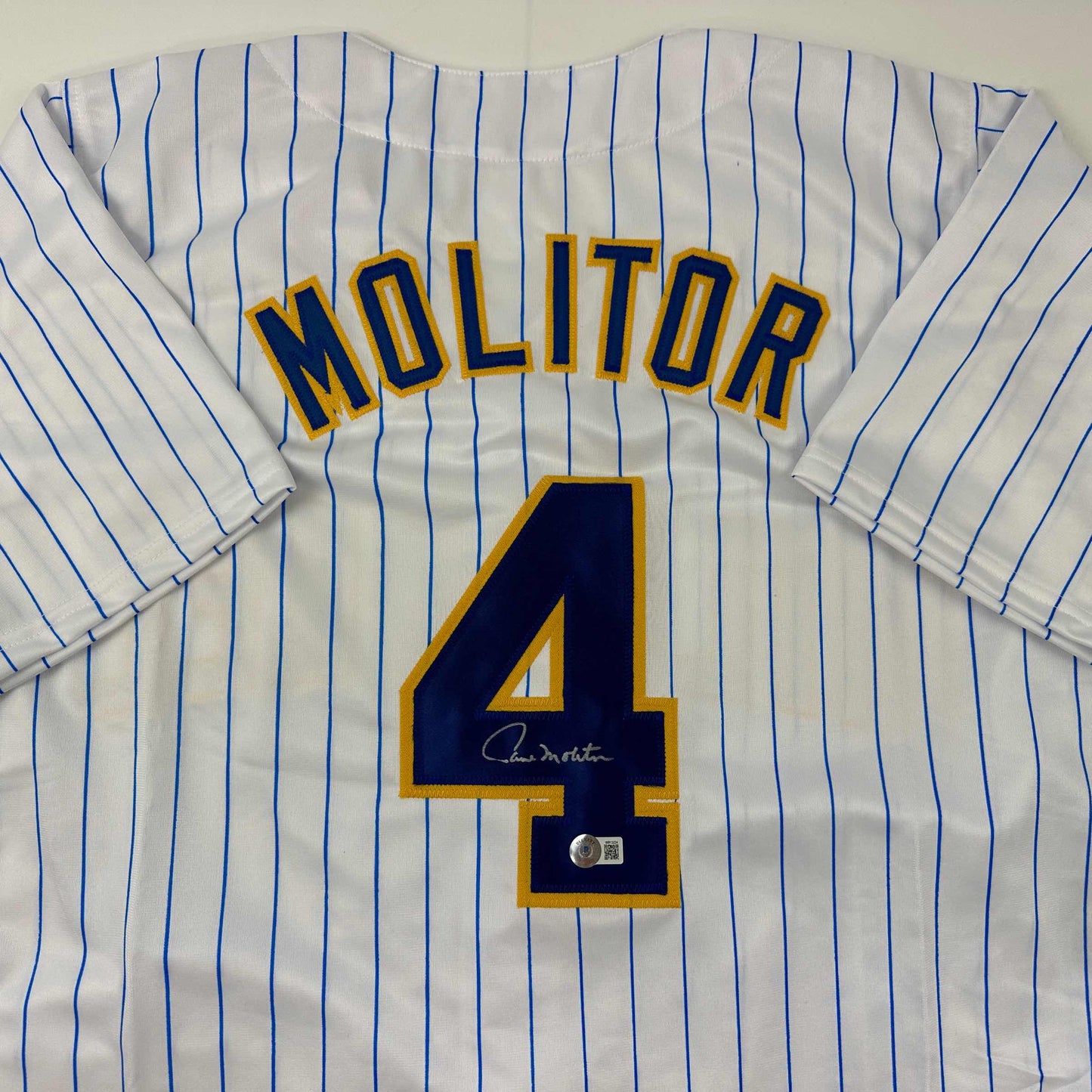 Autographed/Signed Paul Molitor Milwaukee Pinstripe Baseball Jersey Beckett BAS COA