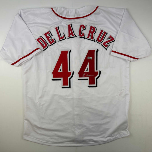 Autographed/Signed Elly De La Cruz Cincinnati White Baseball Jersey Beckett BAS COA