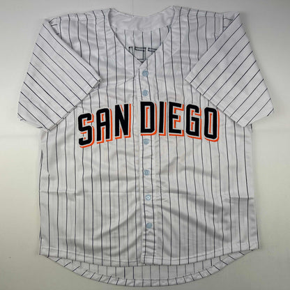 Autographed/Signed Trevor Hoffman San Diego Pinstripe Baseball Jersey Beckett BAS COA