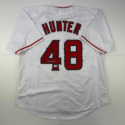 Autographed/Signed Torii Hunter Los Angeles Anaheim White Baseball Jersey Beckett BAS COA
