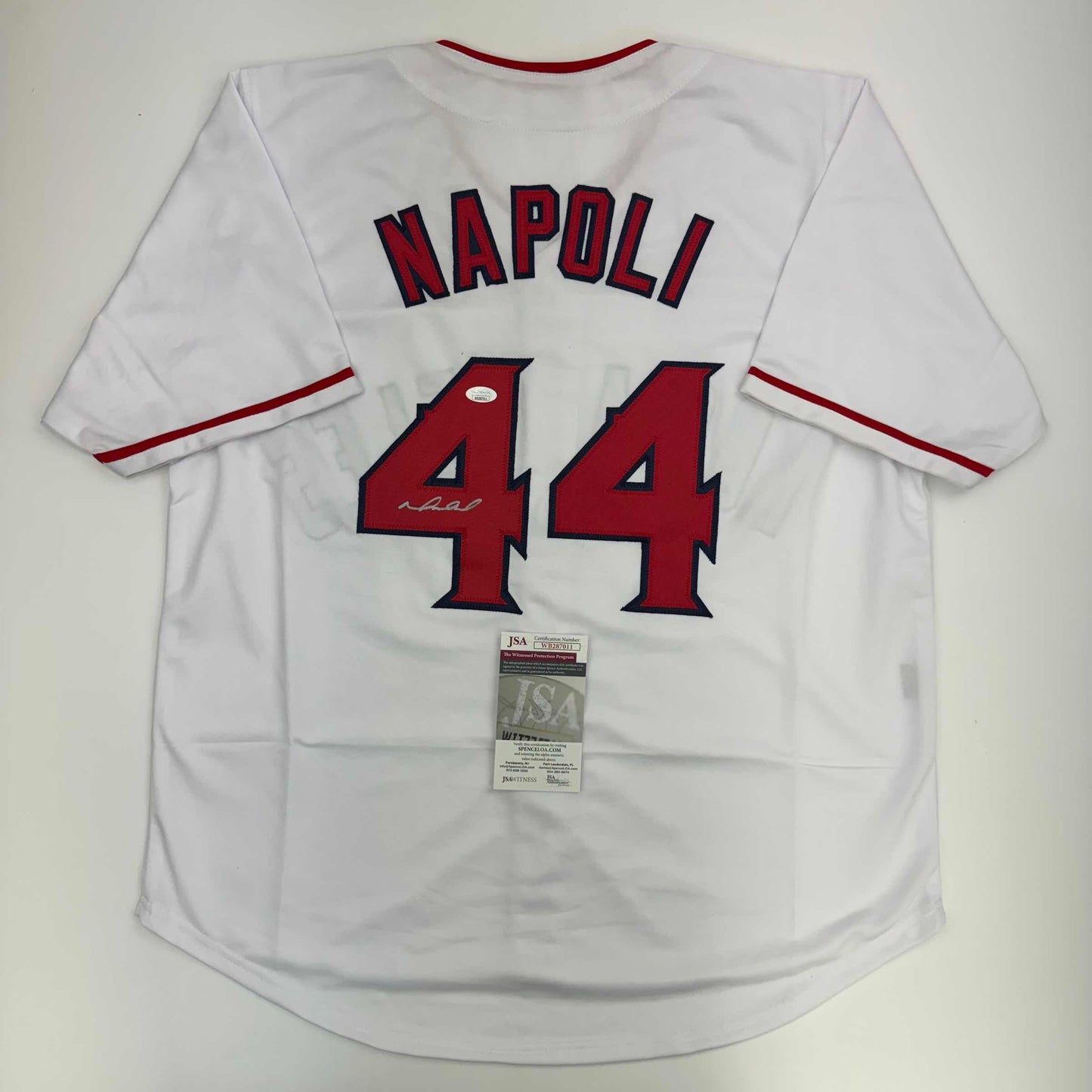 Autographed/Signed Mike Napoli Los Angeles LA Anaheim White Baseball Jersey JSA COA