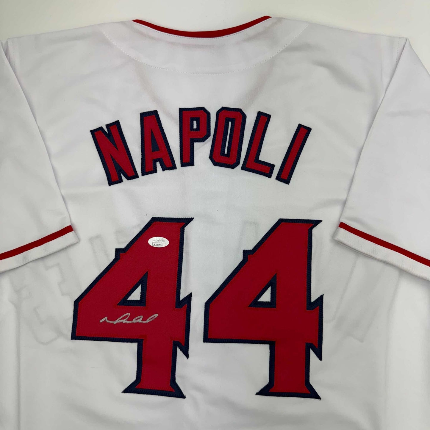 Autographed/Signed Mike Napoli Los Angeles LA Anaheim White Baseball Jersey JSA COA