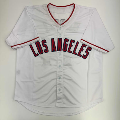Autographed/Signed Mike Napoli Los Angeles LA Anaheim White Baseball Jersey JSA COA