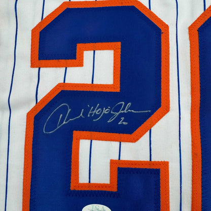 Framed Autographed/Signed Howard Johnson HOJO 35x39 New York Pinstripe Baseball Jersey JSA COA