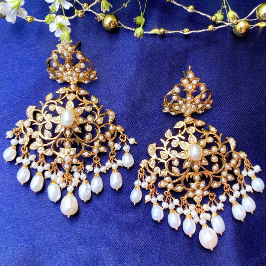 Pearl Jadau Dangler Earrings in Gold Plated Silver