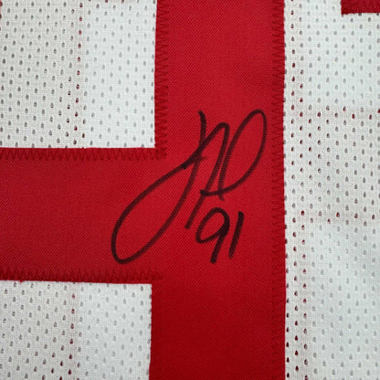 Autographed/Signed Justin Tuck New York White Football Jersey JSA COA