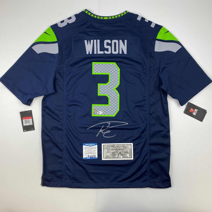 Autographed/Signed Russell Wilson Seattle Seahawks Blue Authentic Football Jersey Beckett BAS COA