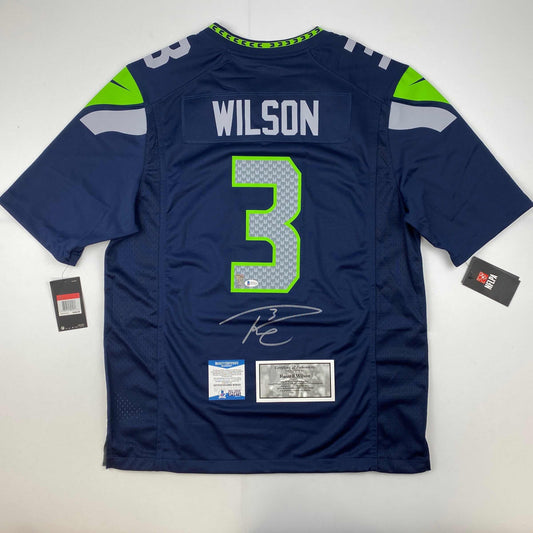 Autographed/Signed Russell Wilson Seattle Seahawks Blue Authentic Football Jersey Beckett BAS COA