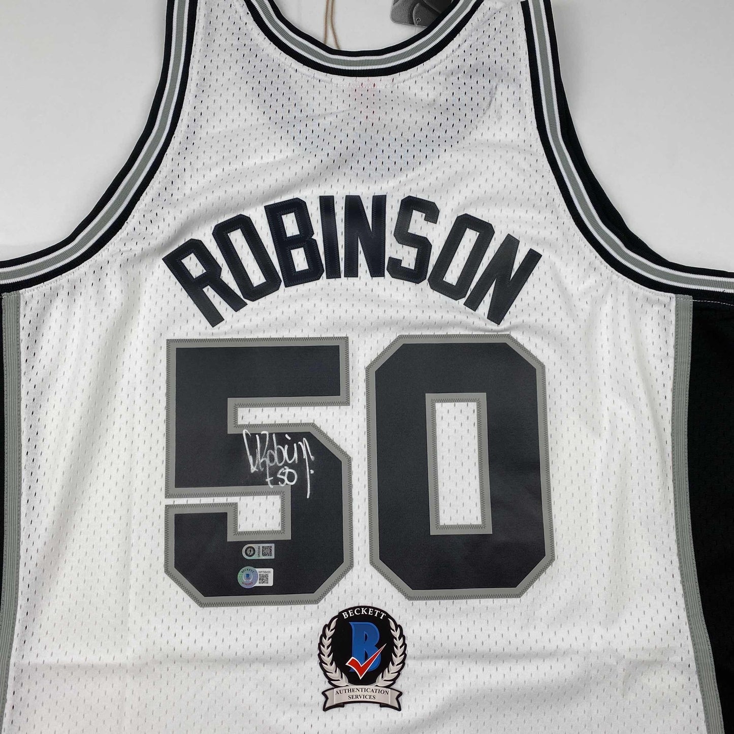 Autographed/Signed David Robinson San Antonio Spurs White Mitchell & Ness HWC Basketball Jersey Beckett BAS COA