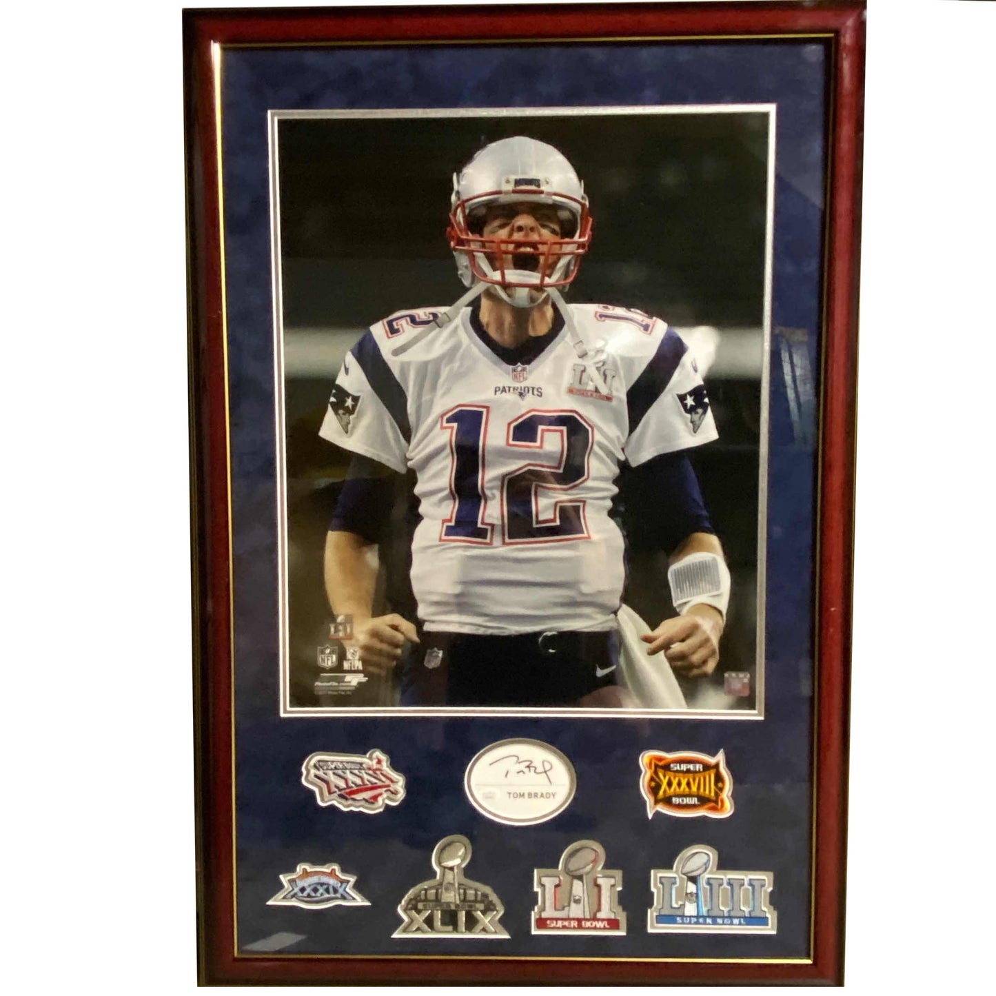 Framed Autographed/Signed Tom Brady New England Patriots Signature Cut Index Card Super Bowl Patches JSA COA/LOA