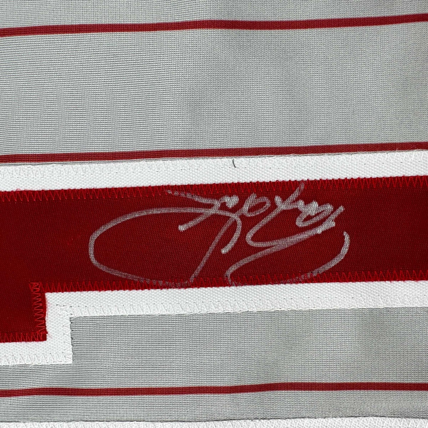 Autographed/Signed Barry Larkin Cincinnati Grey Pinstripe Baseball Jersey Beckett BAS COA
