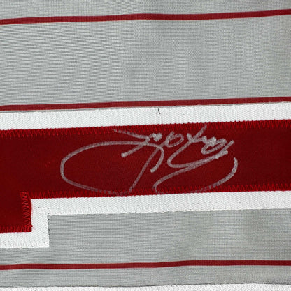 Autographed/Signed Barry Larkin Cincinnati Grey Pinstripe Baseball Jersey Beckett BAS COA