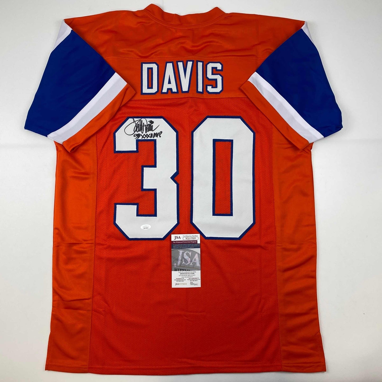 Autographed/Signed Terrell Davis SB XXXII MVP Denver Retro Orange Football Jersey JSA COA