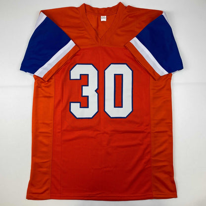Autographed/Signed Terrell Davis SB XXXII MVP Denver Retro Orange Football Jersey JSA COA