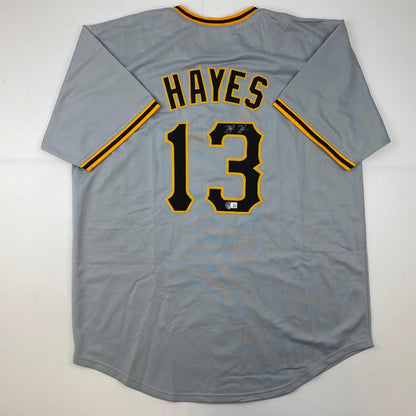 Autographed/Signed Ke'Bryan Hayes Pittsburgh Grey Baseball Jersey Beckett BAS COA