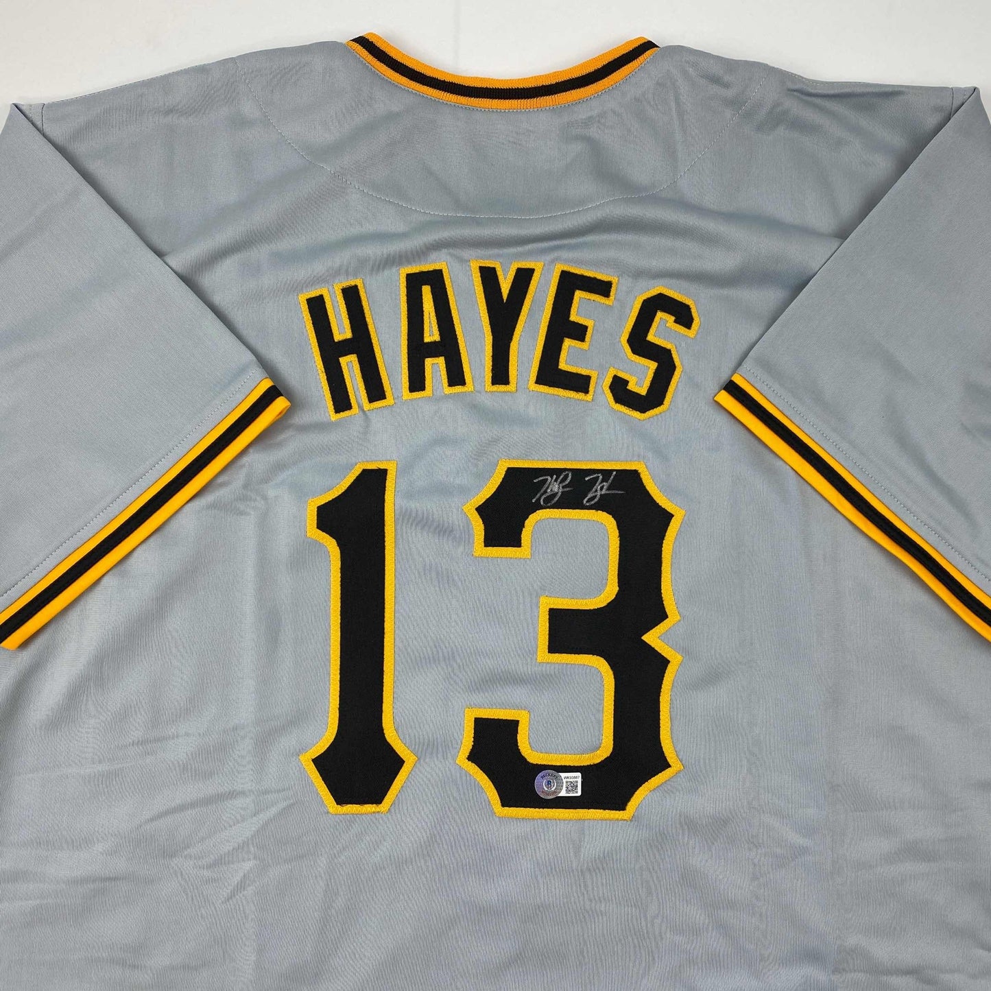 Autographed/Signed Ke'Bryan Hayes Pittsburgh Grey Baseball Jersey Beckett BAS COA