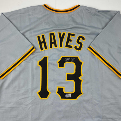 Autographed/Signed Ke'Bryan Hayes Pittsburgh Grey Baseball Jersey Beckett BAS COA