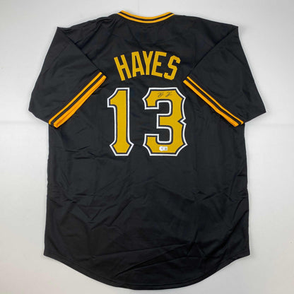 Autographed/Signed Ke'Bryan Hayes Pittsburgh Black Baseball Jersey Beckett BAS COA