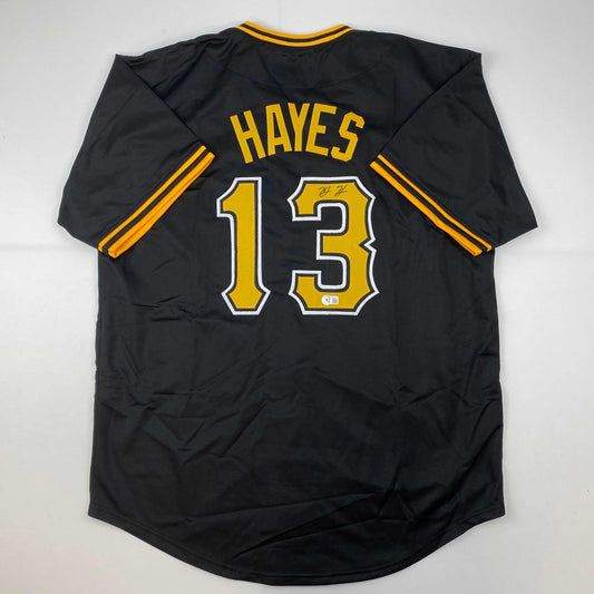 Autographed/Signed Ke'Bryan Hayes Pittsburgh Black Baseball Jersey Beckett BAS COA