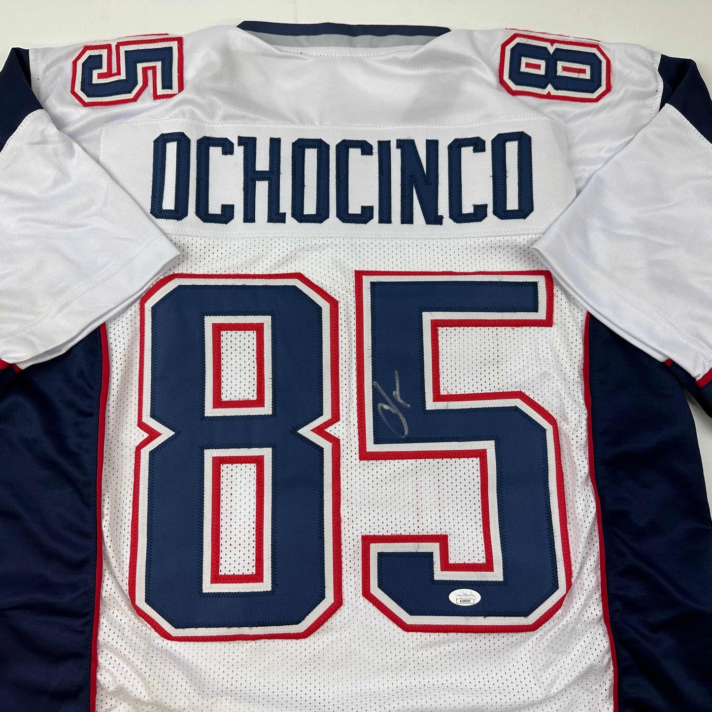 Autographed/Signed Chad Ochocinco (Johnson) New England White Football Jersey JSA COA