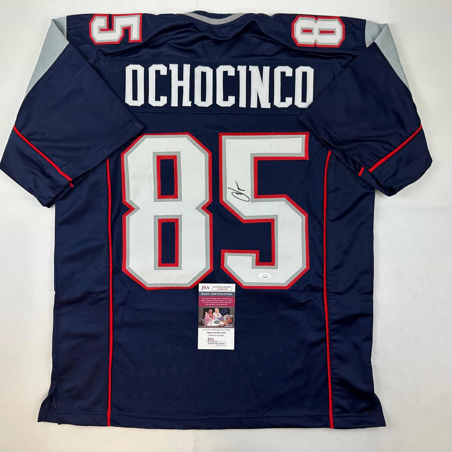 Autographed/Signed Chad Ochocinco (Johnson) New England Blue Football Jersey JSA COA