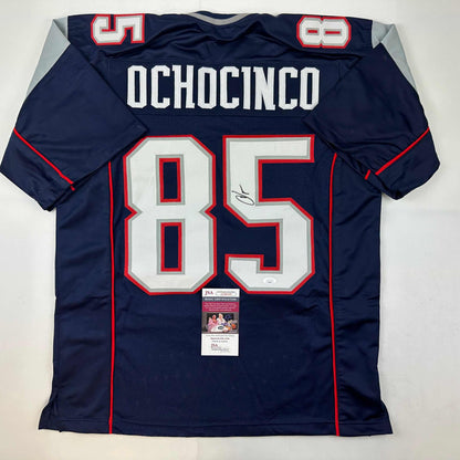 Autographed/Signed Chad Ochocinco (Johnson) New England Blue Football Jersey JSA COA