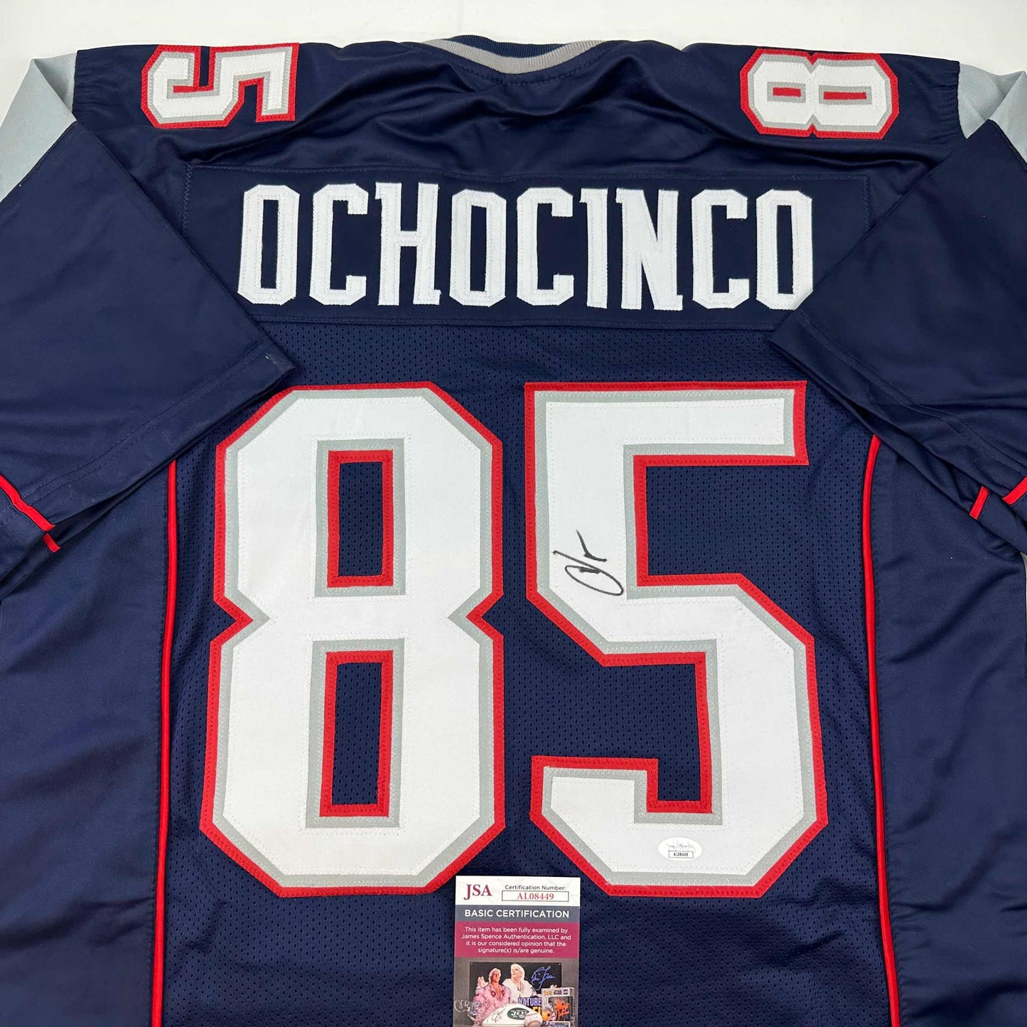 Autographed/Signed Chad Ochocinco (Johnson) New England Blue Football Jersey JSA COA