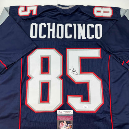 Autographed/Signed Chad Ochocinco (Johnson) New England Blue Football Jersey JSA COA