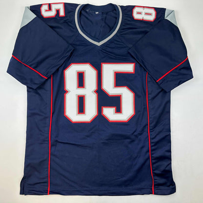 Autographed/Signed Chad Ochocinco (Johnson) New England Blue Football Jersey JSA COA