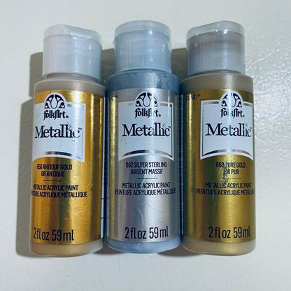 BUNDLE - 3 FolkArt Acrylic Metallic Gold & Silver Paint w/ 20 Bosobo Brushes