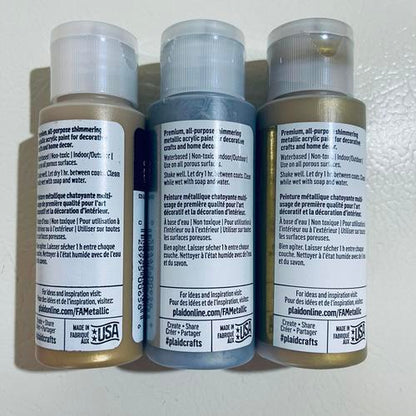 BUNDLE - 3 FolkArt Acrylic Metallic Gold & Silver Paint w/ 20 Bosobo Brushes
