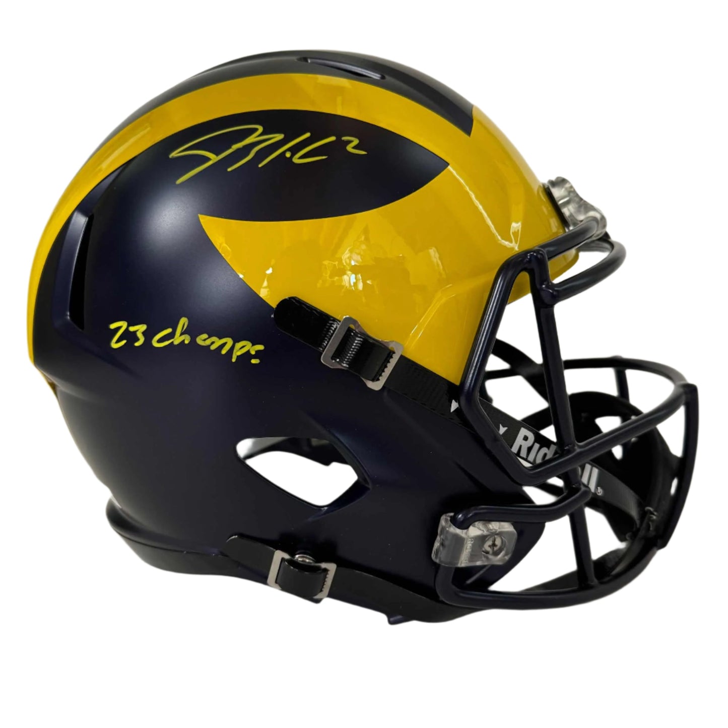 Autographed/Signed Blake Corum "2023 Champs" Michigan Wolverines Full Size FS F/S Speed Replica College Football Helmet Beckett BAS COA