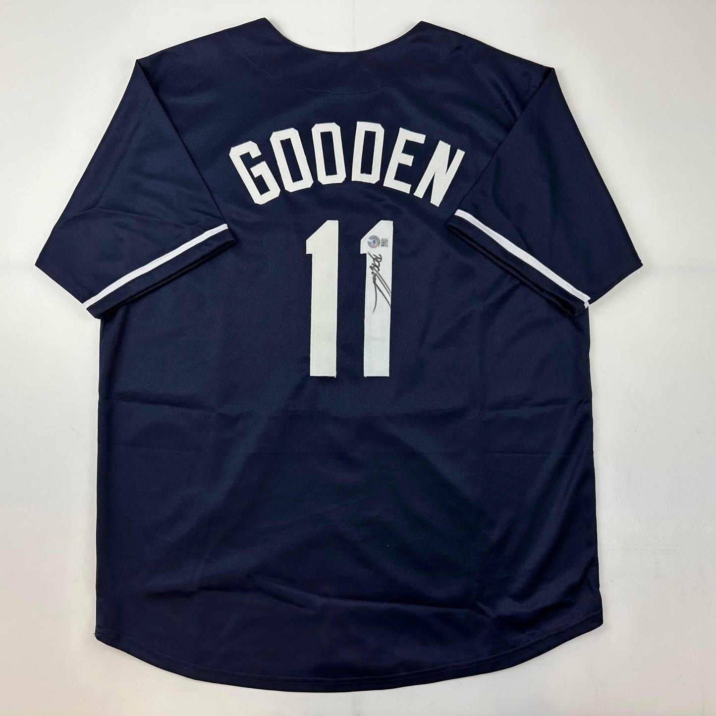Autographed/Signed Dwight Doc Gooden New York Blue Baseball Jersey Beckett BAS COA