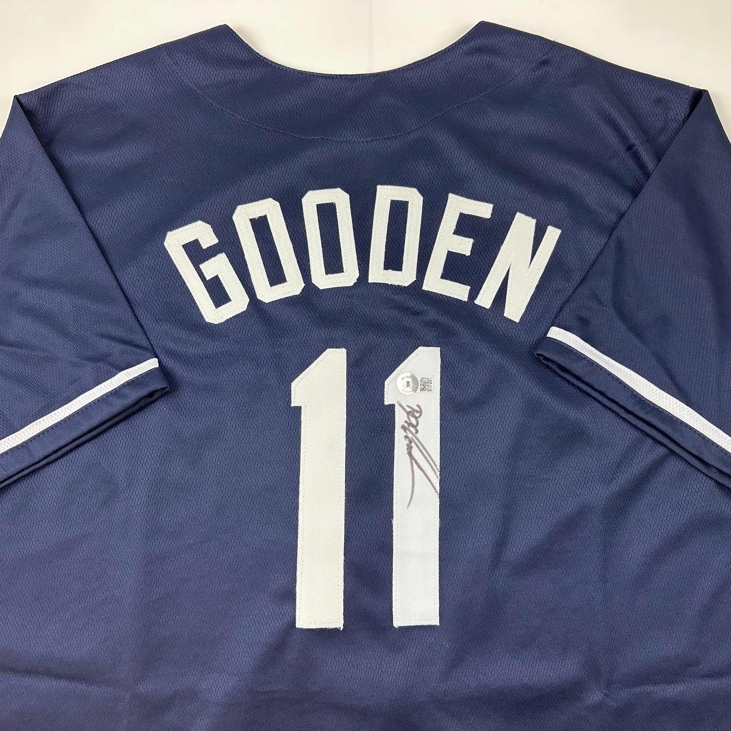 Autographed/Signed Dwight Doc Gooden New York Blue Baseball Jersey Beckett BAS COA