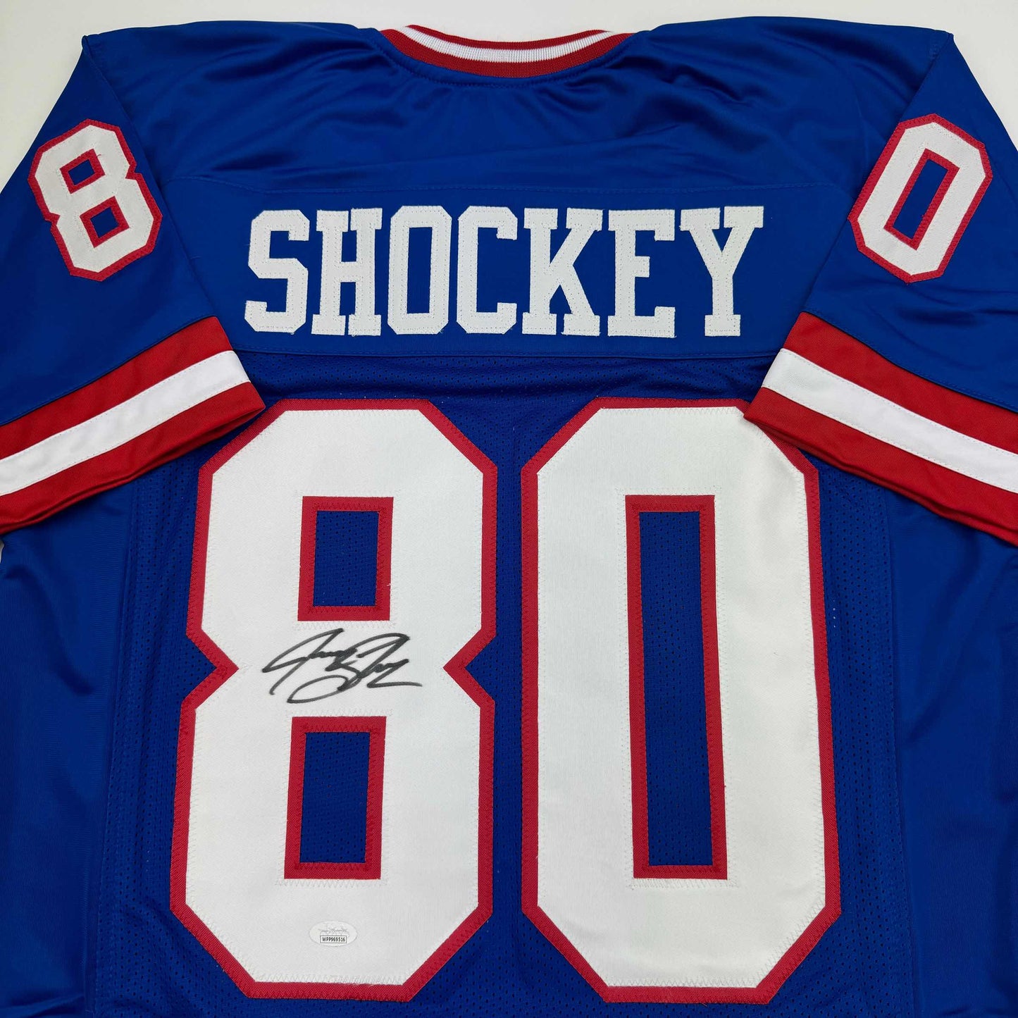 Autographed/Signed Jeremy Shockey New York Blue Football Jersey JSA COA #2