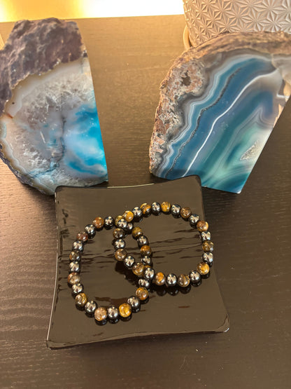Tiger Eye & Hematite Protection Bracelet – Strength, Balance & Grounding Energy (Unisex)