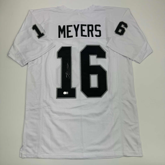 Autographed/Signed Jakobi Meyers Las Vegas Oakland White Football Jersey Beckett BAS COA