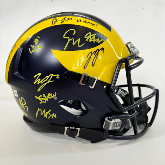 Autographed/Signed 2023 Michigan Wolverines Full-Size Speed Helmet Team-Signed by (16) with J.J. McCarthy, Blake Corum, Roman Wilson, Colston Loveland Beckett BAS COA