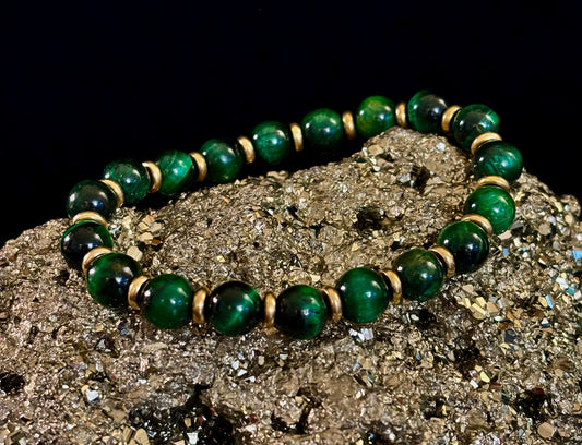 Green Tiger Eye Wealth & Confidence Bracelet – 8mm Beads with Gold Accents (Medium to Large Wrists)