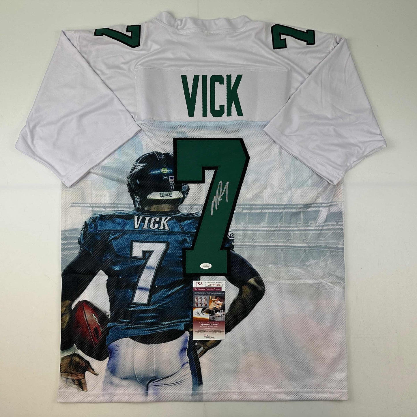 Autographed/Signed Michael Mike Vick Philadelphia White Artwork Photo Football Jersey JSA COA