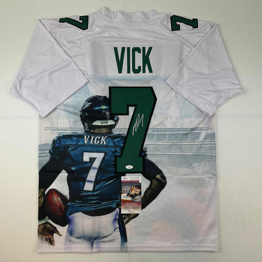 Autographed/Signed Michael Mike Vick Philadelphia White Artwork Photo Football Jersey JSA COA