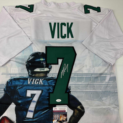 Autographed/Signed Michael Mike Vick Philadelphia White Artwork Photo Football Jersey JSA COA