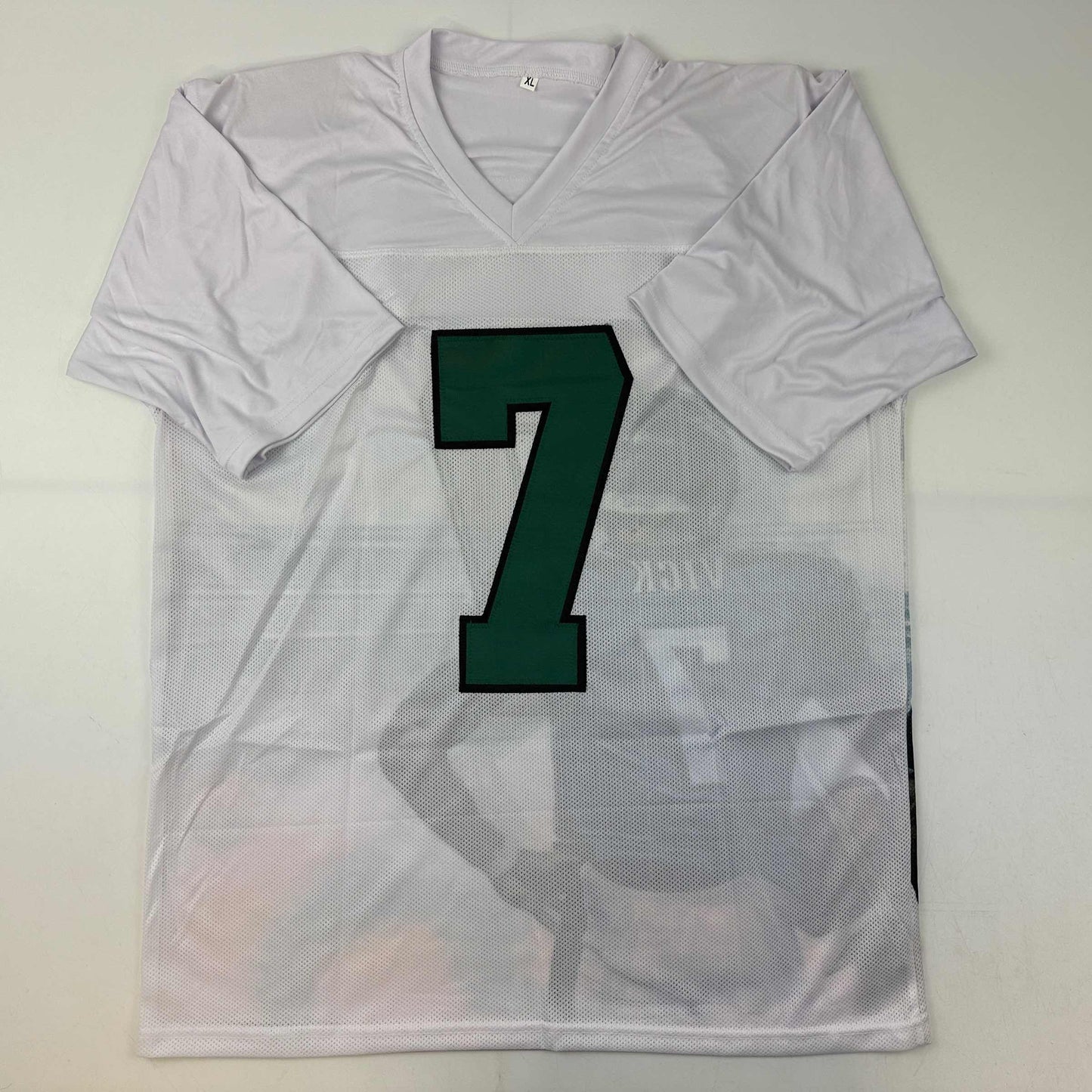 Autographed/Signed Michael Mike Vick Philadelphia White Artwork Photo Football Jersey JSA COA