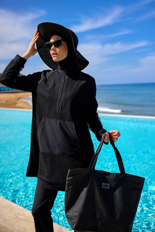 Black Faux Leather Beach Bag with Zipper CA2502-1
