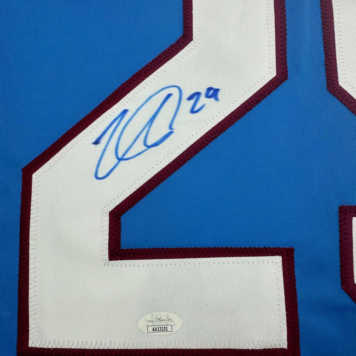 Autographed/Signed Nathan MacKinnon Colorado Blue Hockey Jersey JSA COA