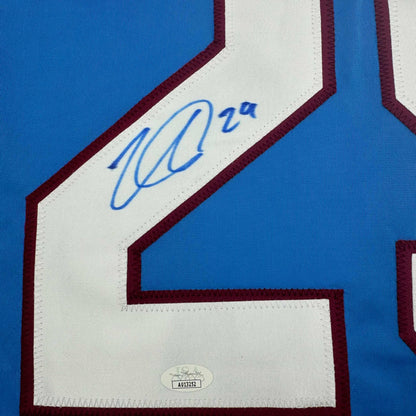 Framed Autographed/Signed Nathan MacKinnon 35x39 Colorado Blue Hockey Jersey JSA COA