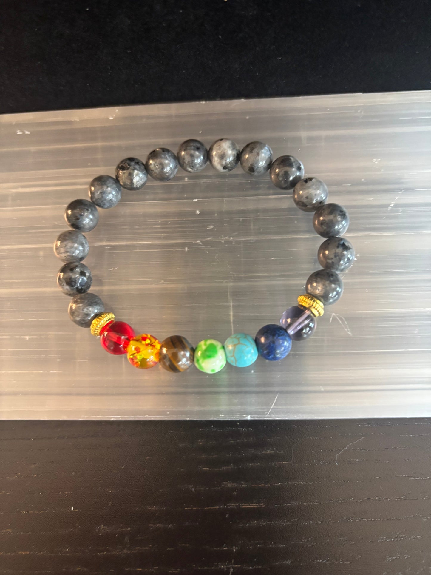 Chakra & Black Spectrolite Energy Balance Bracelet – 8mm Beads (Small to Medium Wrists)