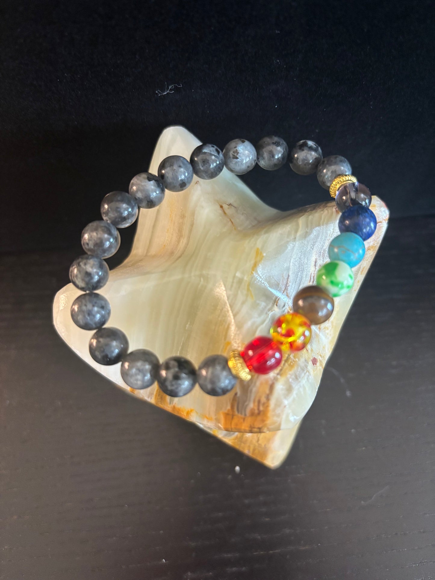 Chakra & Black Spectrolite Energy Balance Bracelet – 8mm Beads (Small to Medium Wrists)
