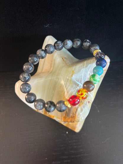 Chakra & Black Spectrolite Energy Balance Bracelet – 8mm Beads (Small to Medium Wrists)