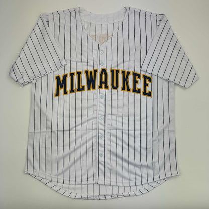 Autographed/Signed William Contreras Milwaukee Pinstripe Baseball Jersey JSA COA